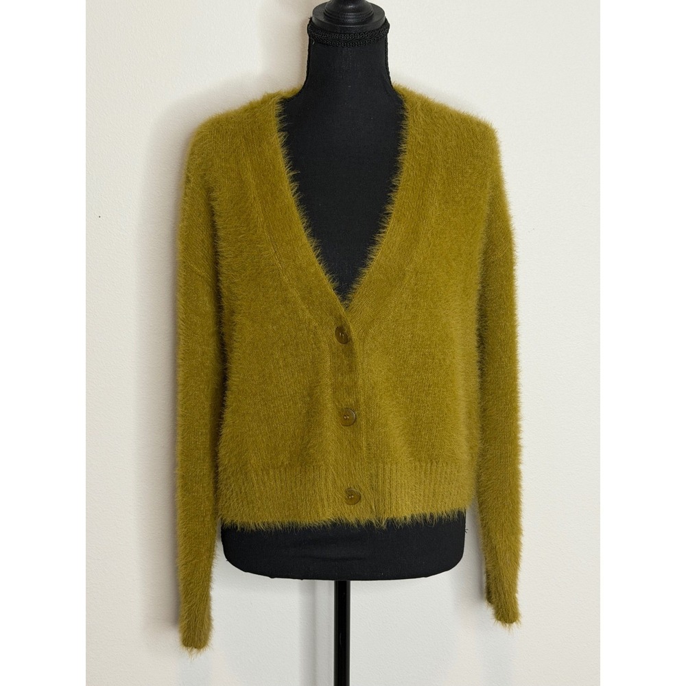 Foil Chartreuse Green Fuzzy Eyelash Knit V-Neck Button Front Cardigan Sweater S
